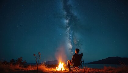 Fototapeta premium Person sits by bonfire watching starlit night sky. Silhouette gazes at cosmos, galaxy, stars. Campfire glows, creating peaceful, dreamy atmosphere. Wonder, awe, contemplation.
