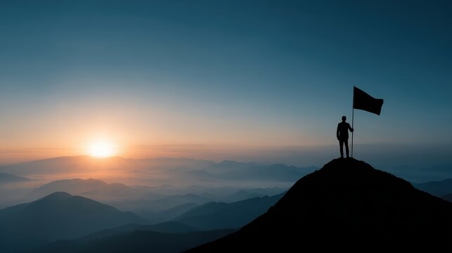 business success leadership achievement and people concept  silhouette of businessman with flag on mountain top over sunset background no logos no brands ar 169