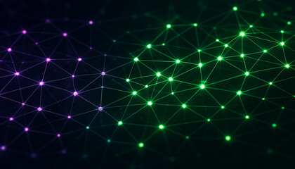 Fototapeta premium Digital mesh network with interconnected purple and green nodes on dark background – abstract data and neural system concept