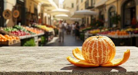 A peeled orange sits on a stone surface in a vibrant outdoor market its segments partially exposed