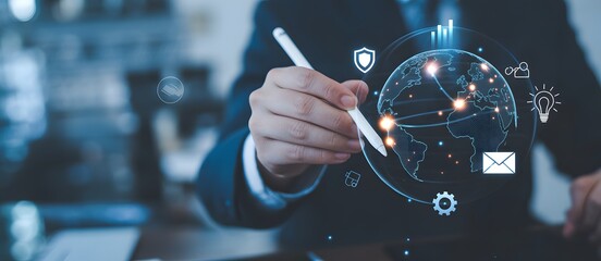Strategic Digital Interface: A businessperson, poised and in control, navigates a futuristic digital interface. A nexus of global connectivity and innovation