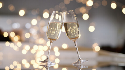Two glasses of champagne with a celebratory mood, placed on a reflective surface against a warm, bokeh-lit background