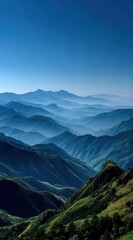 The azure sky above contrasts beautifully with the lush green mountains of China creating a stunning layered landscape that captivates the viewer's imagination