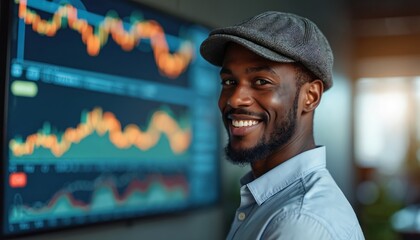Confident African American businessman in newsboy cap checks stock market data on screen. Smiling man analyzes financial charts, graphs, representing success, investment growth, business strategy.