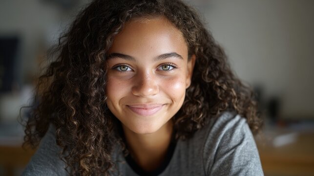 teenage mixed race girl high school student distance e learning group online class at home looking at camera video conference call remote class course virtual digital education headshot portrait no l
