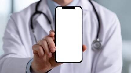 male doctor holding cell phone in hands using blank white mockup screen technology ehealth mobile app for medical healthcare telemedicine ads e telehealth online applications over shoulder view no lo