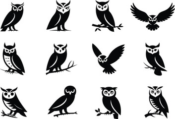 
Set of owl silhouettes perched and flying, black and white vector illustrations of owls in various poses and styles