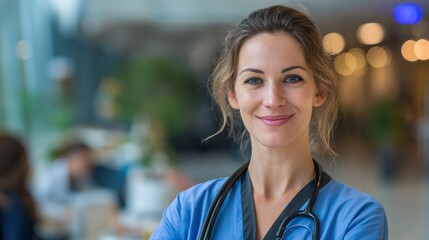 portrait of proud female nurse with stethoscope around neck at medical clinic happy smiling young woman doctor at hospital lobby with copy space medical staff feeling confident looking at camera no l