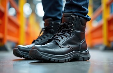 Sturdy black leather work boots offer superior protection, traction in industrial environments. Designed for durability, comfort, heavy-duty boots feature robust construction, reliable grip for