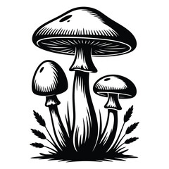 Mushroom and fern leaves silhouette combination botanical vector isolated black and white