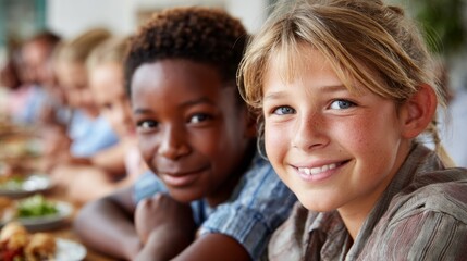 Young boy and girl share smiles at school lunch table surrounded by friends during mealtime