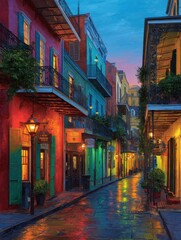Fototapeta premium vibrant colorful historic architecture lines bourbon street at dusk in new orleans french quarter adorned with ornate ironwork balconies and lively lanterns