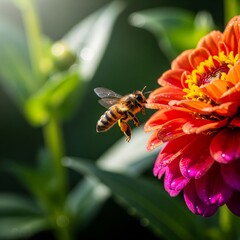 Close-up of a Honey Bee with Visible Pollen on its Legs, Flying Towards a Bright Yellow Sunflower