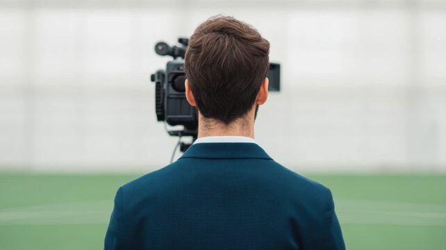 A person in a suit stands facing a camera on a tripod in an outdoor setting.