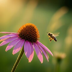 Honeybee Flying Towards a Purple Coneflower in Golden Hour Light