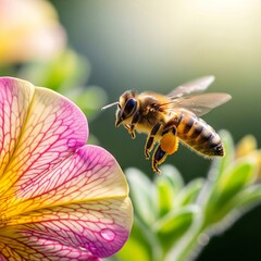 Macro Shot of a Honeybee Approaching a Colorful Flower with Morning Dew
