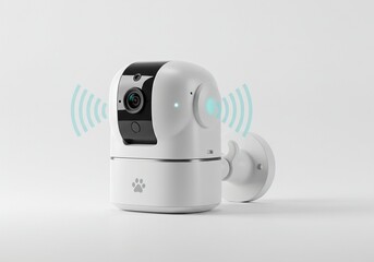 White wireless security camera with wifi signal waves, isolated on white background