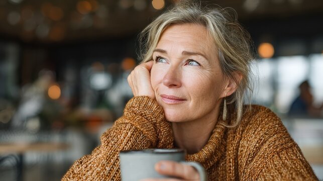 thoughtful mature woman sitting in cafeteria holding coffee mug while looking away middle aged woman drinking tea while thinking relaxing and thinking while drinking coffee no logos no brands ar 169