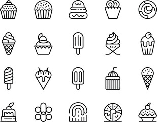 Collection of hand drawn dessert icons including cupcakes ice cream and pastries
