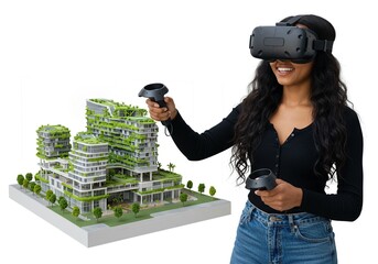 Woman using vr headset to explore a futuristic green building model isolated on white background