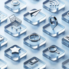 Metallic 3D app icons set with glossy square frames, featuring shopping cart, location pin, paper plane, magnifying glass, star, and clock symbols.