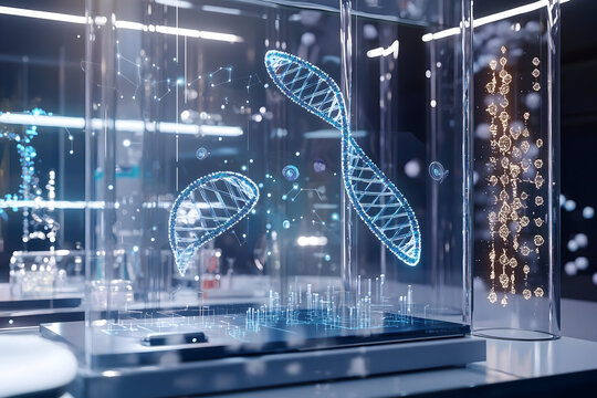 A futuristic depiction of a DNA strand and molecular structures within a transparent display.