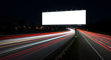 A blank white billboard mockup for advertising on a busy highway at night with long exposure light trails.