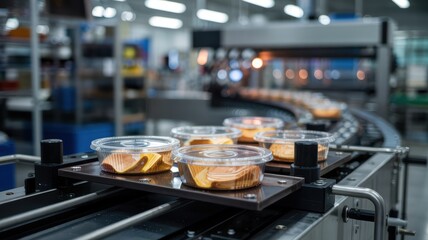 Automated food packaging line with ready meals in plastic containers moving on conveyor belt modern factory.