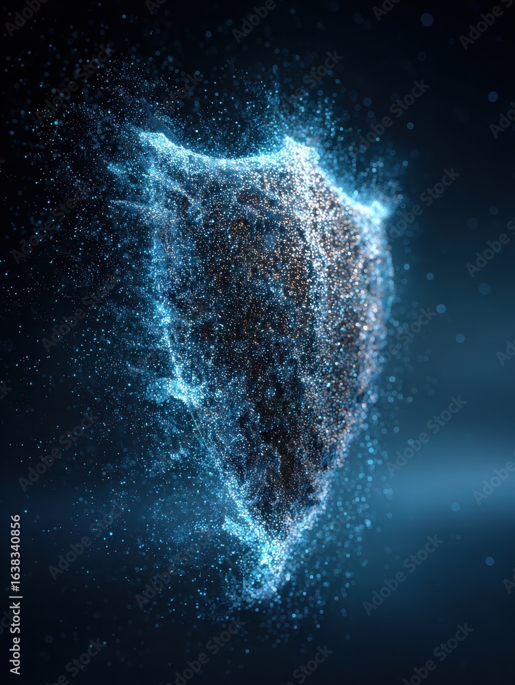 Poster cybersecurity shield a futuristic glowing shield deflects a stream of digital particles symbolizing 