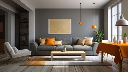 Fototapeta premium living and dining room interior with grey couch and table covered with orange tablecloth no logos no brands ar 169