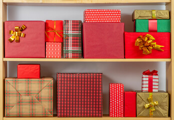 Christmas, New Year gift boxes for holidays promotions. Red, green, checkered and polka dot...
