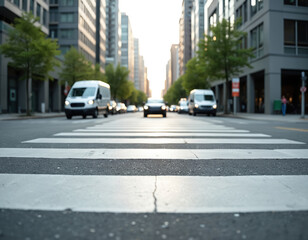 Urban street scene with crosswalks, modern buildings, and vehicles. City infrastructure visible with plants, cars, and vans moving on asphalt road during daylight.
