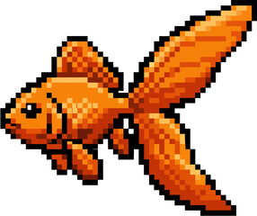 Fototapeta premium Pixelated image of an orange goldfish swimming, with visible fins and tail in a side view.