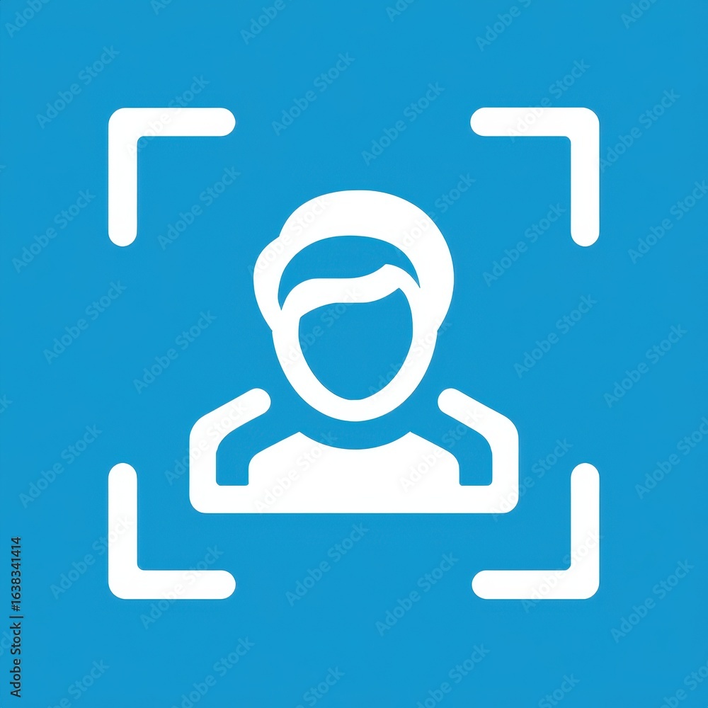 Poster white symbol for face recognition and biometric identity security. human profile inside scan frame r