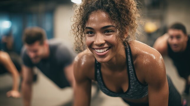 smiling young african american woman in sportswear doing pushups during an exercise class with a group of friends at the gym no logos no brands ar 169