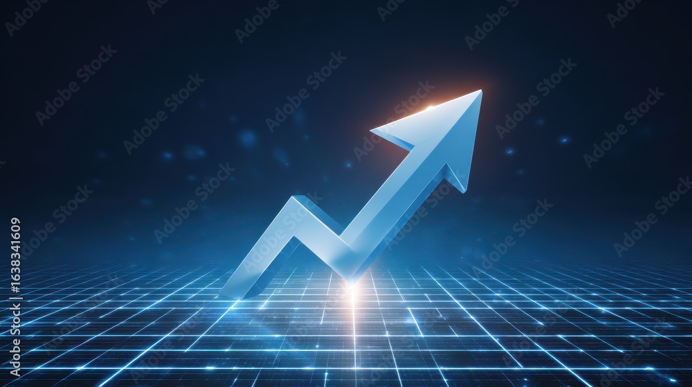 Poster blue digital arrow graph showing rising growth and success. positive symbol on glowing grid represen