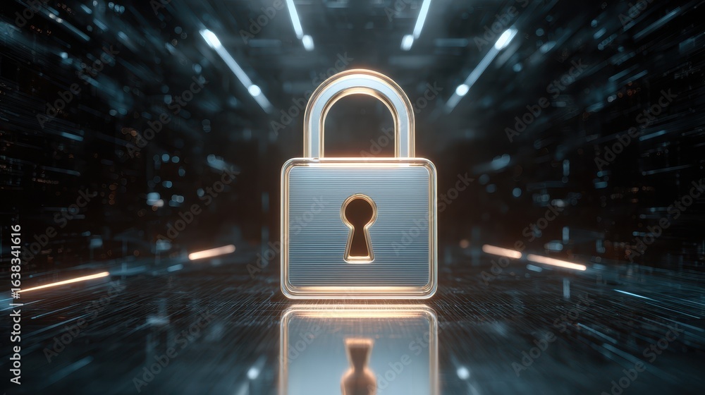 Aufkleber glowing holographic lock symbolizing digital security and cyber protection. futuristic abstract conc