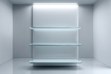 Fototapeta premium Elegant glass shelves in a modern, white interior space, ideal for product display.