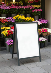 A blank A-frame sign stands on the pavement outside a vibrant florist shop with colorful flowers.