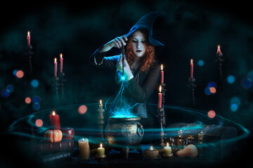 Witch with magic wand casts spell, witch's cauldron, boiling magic potion, room with candles. Young...