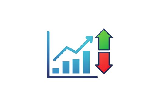 Financial growth and decline graph with up and down arrows isolated on white background