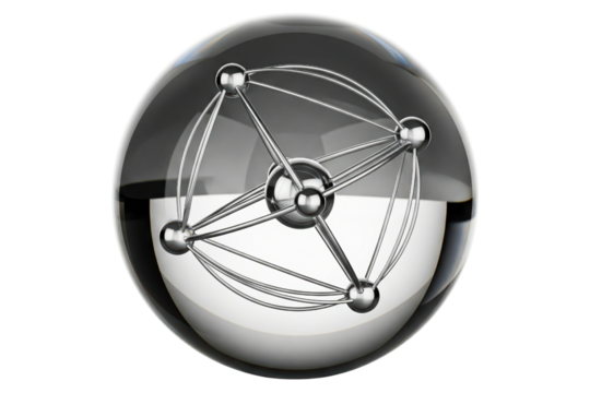 Metallic atom structure encapsulated within a clear glass orb isolated on a transparent background