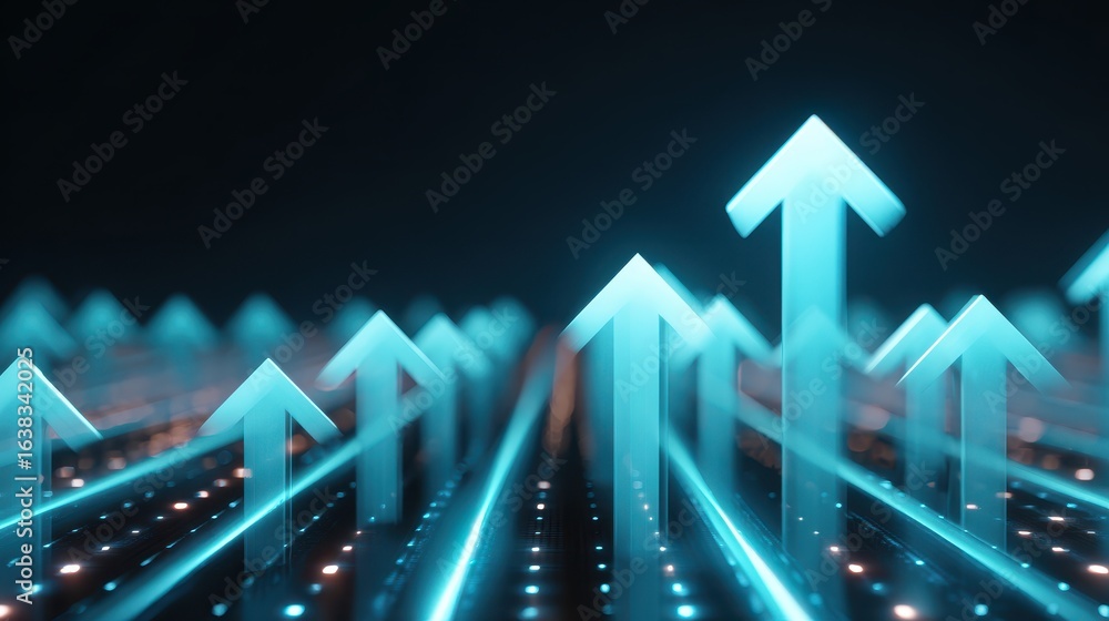 Poster glowing blue arrow moving up in synchronized motion on dark background. abstract concept represents 