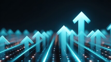 Glowing blue arrow moving up in synchronized motion on dark background. Abstract concept represents growth, progress, success, and future technology. Feeling of ambition