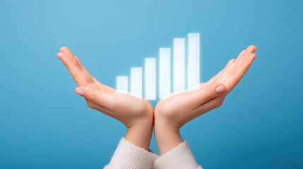 Hands holding glowing bar graph against blue background symbolizing growth and success in technical context
