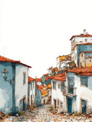 Fototapeta premium A watercolor painting of a quaint European village with old buildings and a cobblestone street.