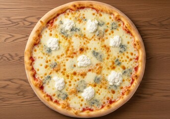 Four cheese pizza top view – whole Italian pizza with melted mozzarella, ricotta, and gorgonzola