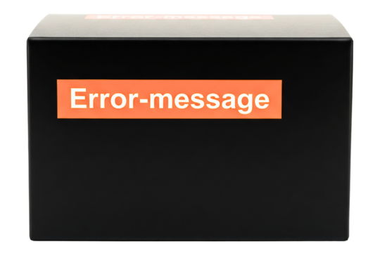 Black box with an orange label showing a system error message isolated on a transparent background
