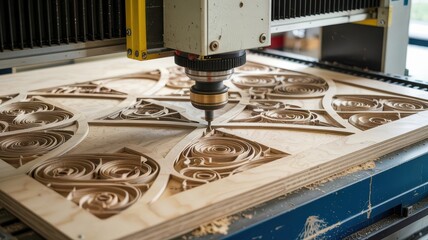 CNC machine cutting decorative wooden patterns with precision in modern carpentry workshop.