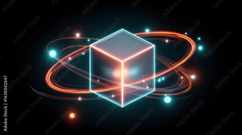Poster futuristic neon cube with glowing data orbit, concept for powerful artificial intelligence. dynamic 